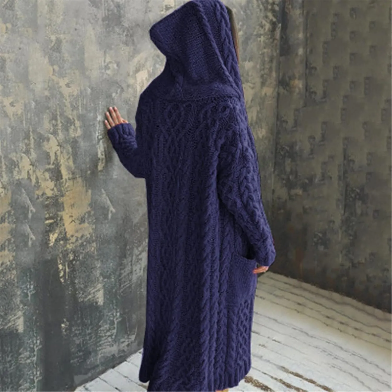 Long Chunky Cable Knit Cardigans For Women Open Front Long Hooded Sweater 2024 Winter Warm Oversized Solid Outwear
