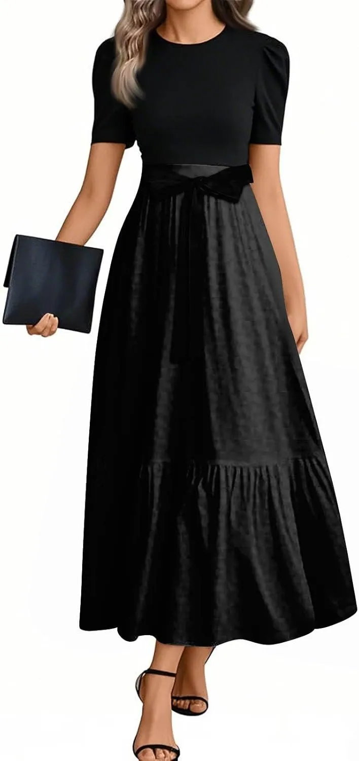 Long Dresses for Women Spring Solid Color Crewneck Light Tie Waist Short Sleeve Casual Vacation High Waist Long Dresses