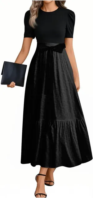 Long Dresses for Women Spring Solid Color Crewneck Light Tie Waist Short Sleeve Casual Vacation High Waist Long Dresses