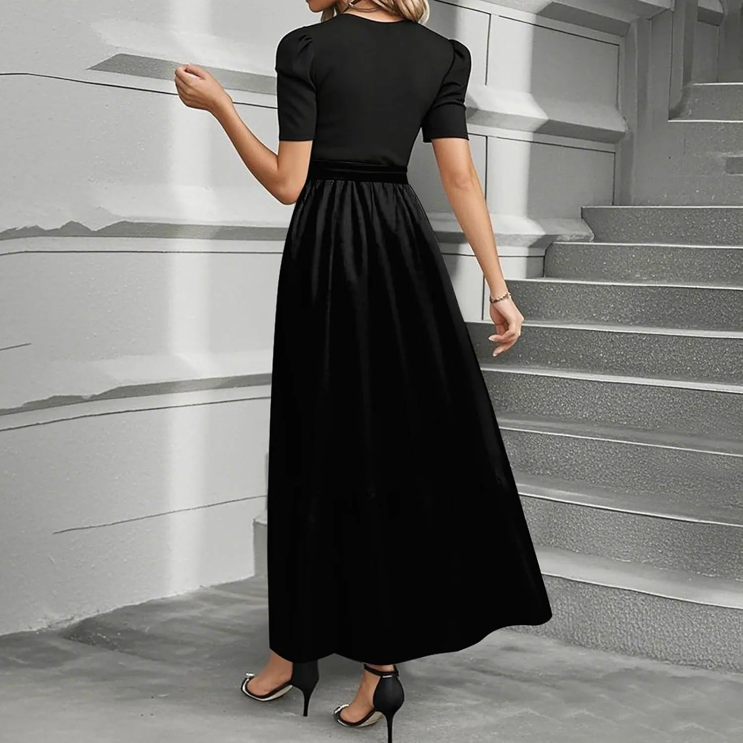 Long Dresses for Women Spring Solid Color Crewneck Light Tie Waist Short Sleeve Casual Vacation High Waist Long Dresses