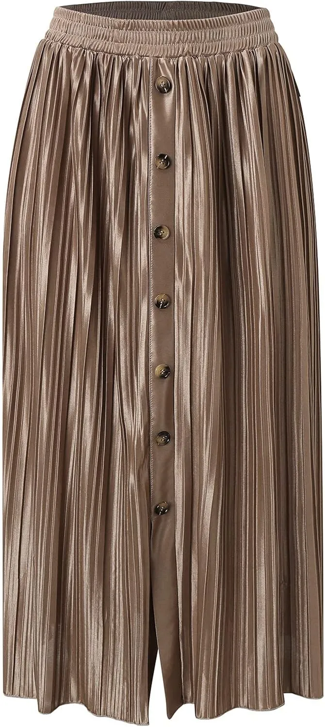Long Skirts for Women Elastic Waist Party Shiny Accordion Pleated Midi Skirt Button Long Skirts for Women