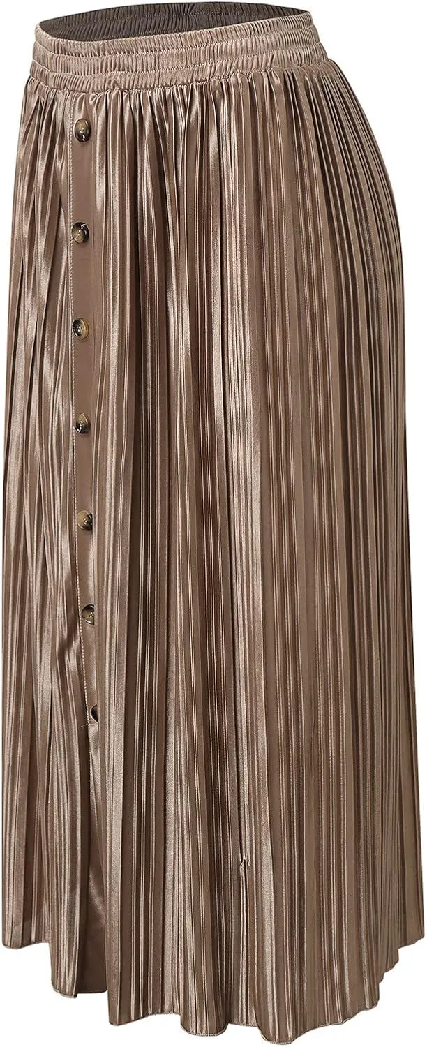 Long Skirts for Women Elastic Waist Party Shiny Accordion Pleated Midi Skirt Button Long Skirts for Women