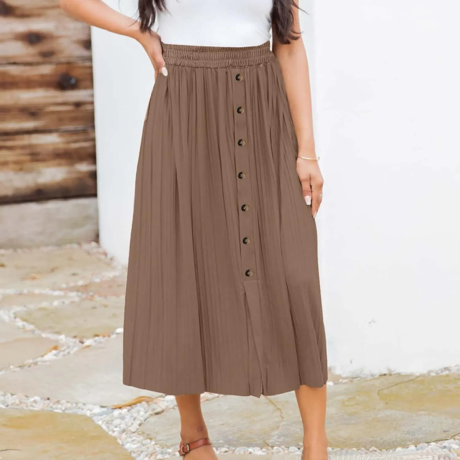 Long Skirts for Women Elastic Waist Party Shiny Accordion Pleated Midi Skirt Button Long Skirts for Women