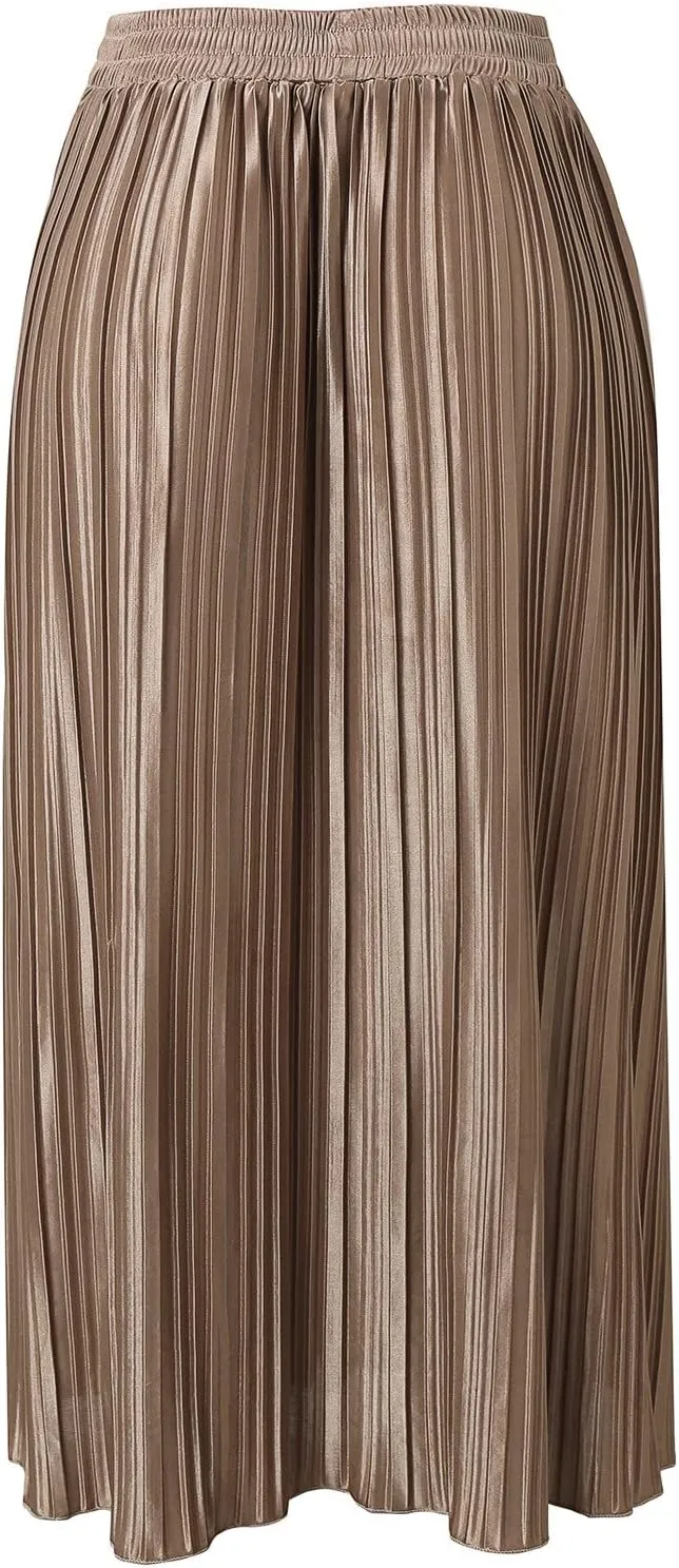 Long Skirts for Women Elastic Waist Party Shiny Accordion Pleated Midi Skirt Button Long Skirts for Women