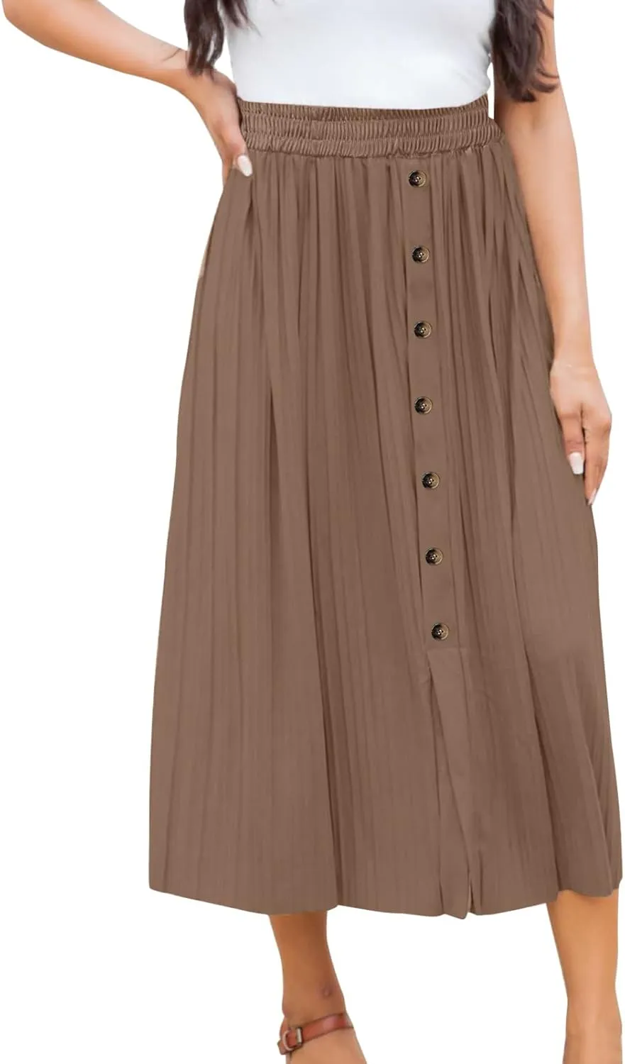 Long Skirts for Women Elastic Waist Party Shiny Accordion Pleated Midi Skirt Button Long Skirts for Women