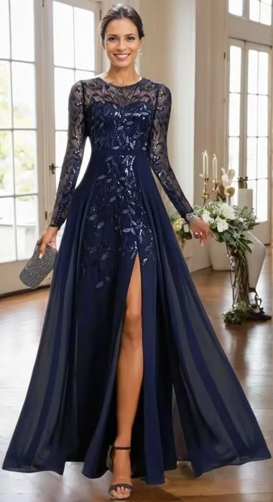 Long Sleeve Mother of The Bride Dress for Wedding Sequin Lace Formal Evening Dresses for Women 2025