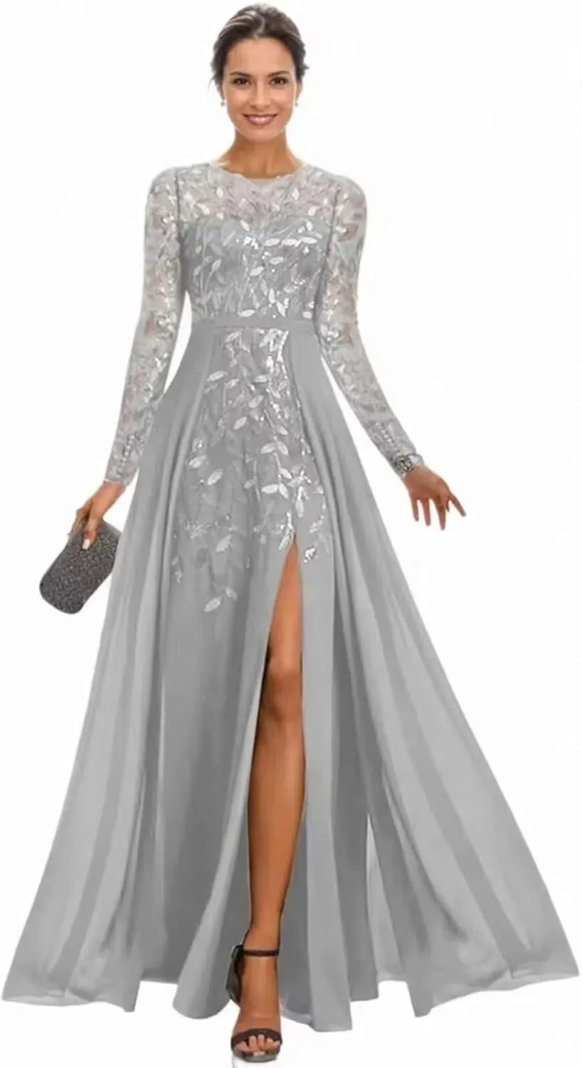 Long Sleeve Mother of The Bride Dress for Wedding Sequin Lace Formal Evening Dresses for Women 2025