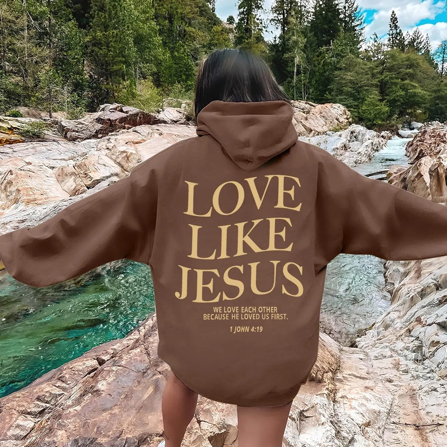Love Like Jesus Graphic Christian Hoodies for Women Girls Oversized Long Sleeve Sweatshirts Drawstring Pockets Pullover Tops