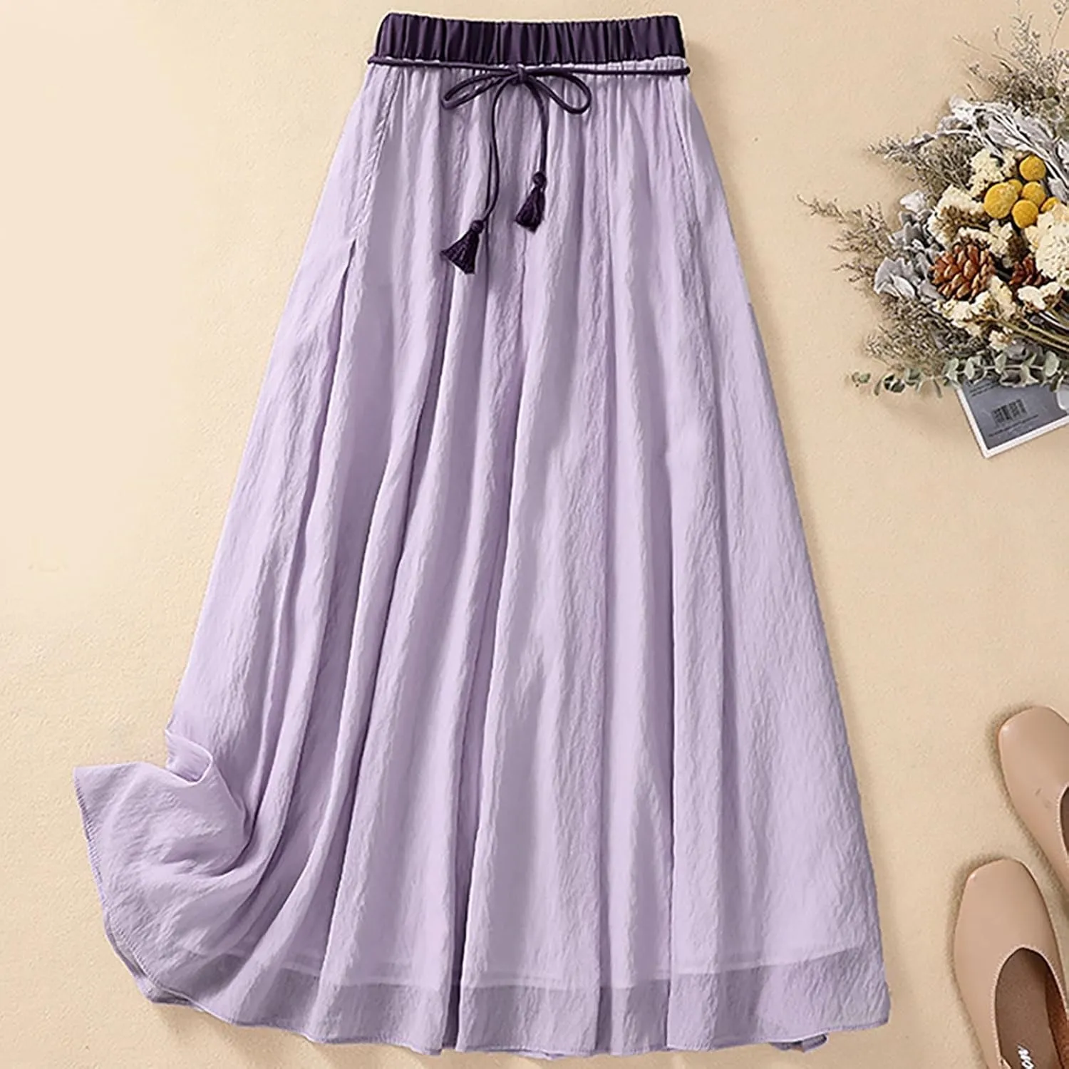 Lpmadey Women's Bohemian Style Elastic Waist Band Cotton Linen Long Maxi Skirt Dress 2024 Summer Solid A-Line Flared Skirts