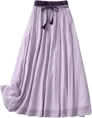 Lpmadey Women's Bohemian Style Elastic Waist Band Cotton Linen Long Maxi Skirt Dress 2024 Summer Solid A-Line Flared Skirts