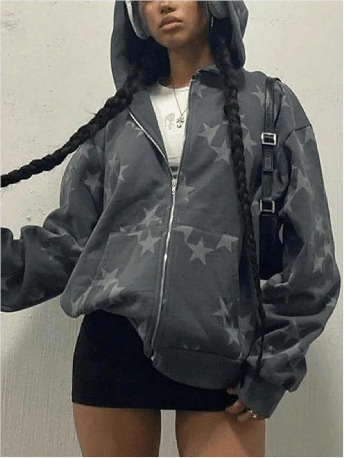 MakeMeChic Women's Star Graphic Hoodies Oversized Y2K Zip Up Sweatshirt Jackets
