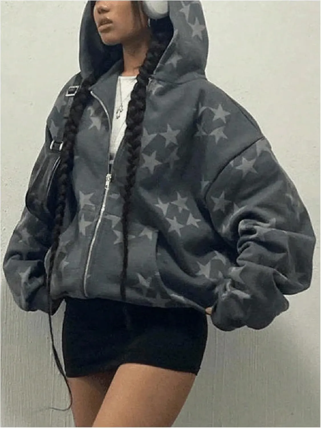 MakeMeChic Women's Star Graphic Hoodies Oversized Y2K Zip Up Sweatshirt Jackets