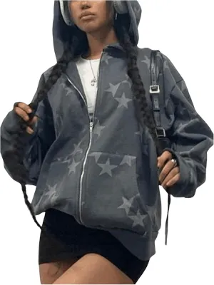 MakeMeChic Women's Star Graphic Hoodies Oversized Y2K Zip Up Sweatshirt Jackets