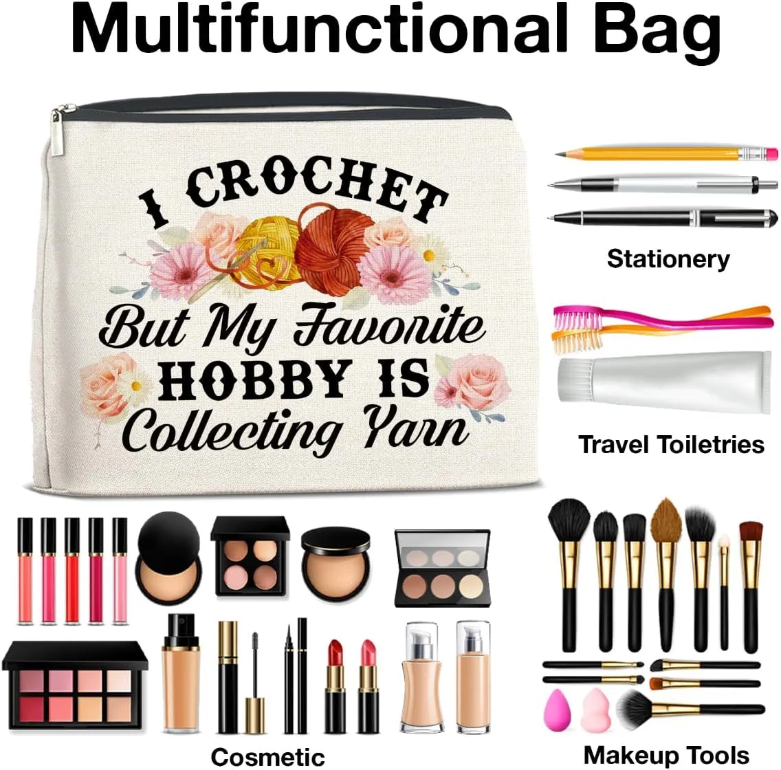 Makeup Bag Funny Crochet Gifts, Crochet Gifts for Crocheters Crochet Lovers Knitters, Crochet Gifts for Women Cosmetic Bag Zipper Makeup Pouch