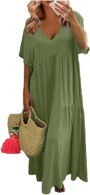 Maxi Dress for Women Casual Summer Linen Short Sleeve V Neck Baggy Sundress Plus Size Solid Flowy Beach Long Dresses