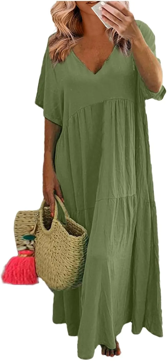 Maxi Dress for Women Casual Summer Linen Short Sleeve V Neck Baggy Sundress Plus Size Solid Flowy Beach Long Dresses