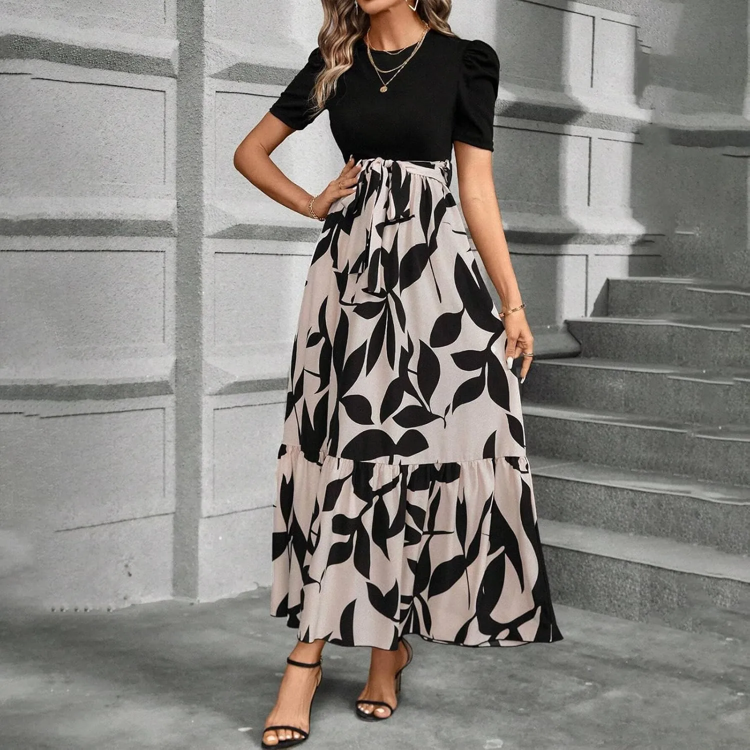 Maxi Dresses for Women 2025 Puff Sleeve Empire Waist Belted Patchwork Floral Dress A Line Long Flowy Work Dresses