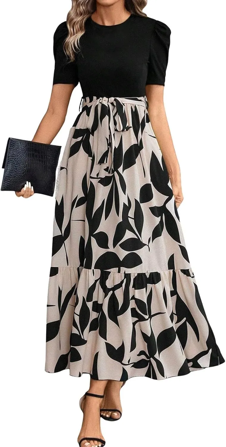 Maxi Dresses for Women 2025 Puff Sleeve Empire Waist Belted Patchwork Floral Dress A Line Long Flowy Work Dresses