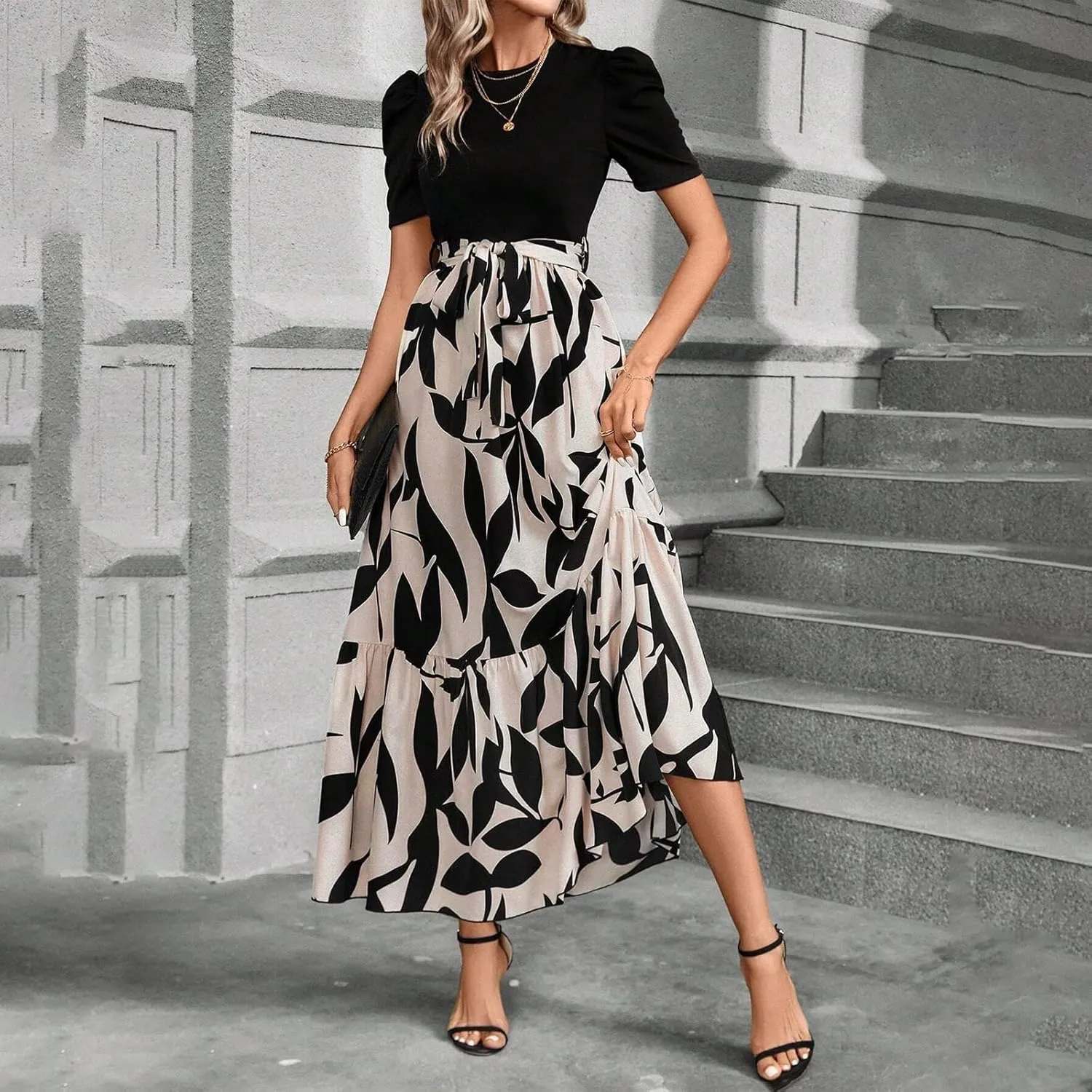 Maxi Dresses for Women 2025 Puff Sleeve Empire Waist Belted Patchwork Floral Dress A Line Long Flowy Work Dresses