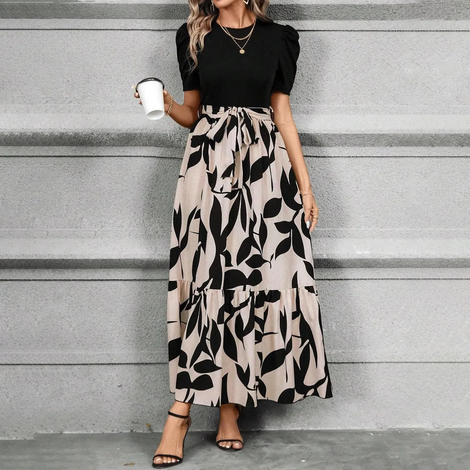 Maxi Dresses for Women 2025 Puff Sleeve Empire Waist Belted Patchwork Floral Dress A Line Long Flowy Work Dresses