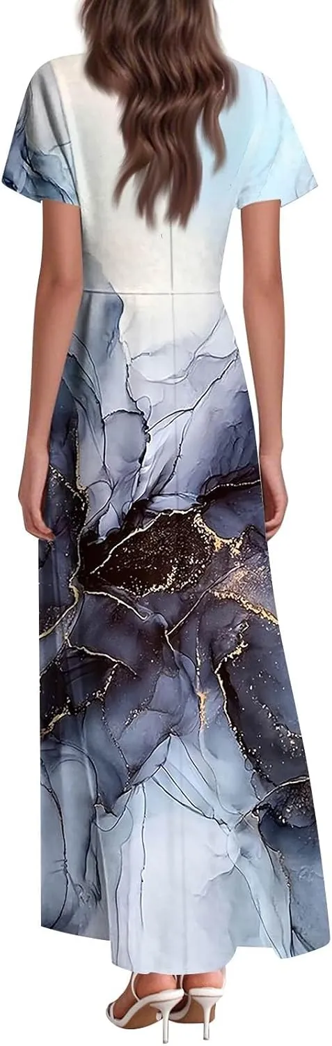 Maxi Dresses for Women,2025 Summer Elegant V Neck Short Sleeve Floral Beach Dress,Flowy Ruched Boho Vacation Dress