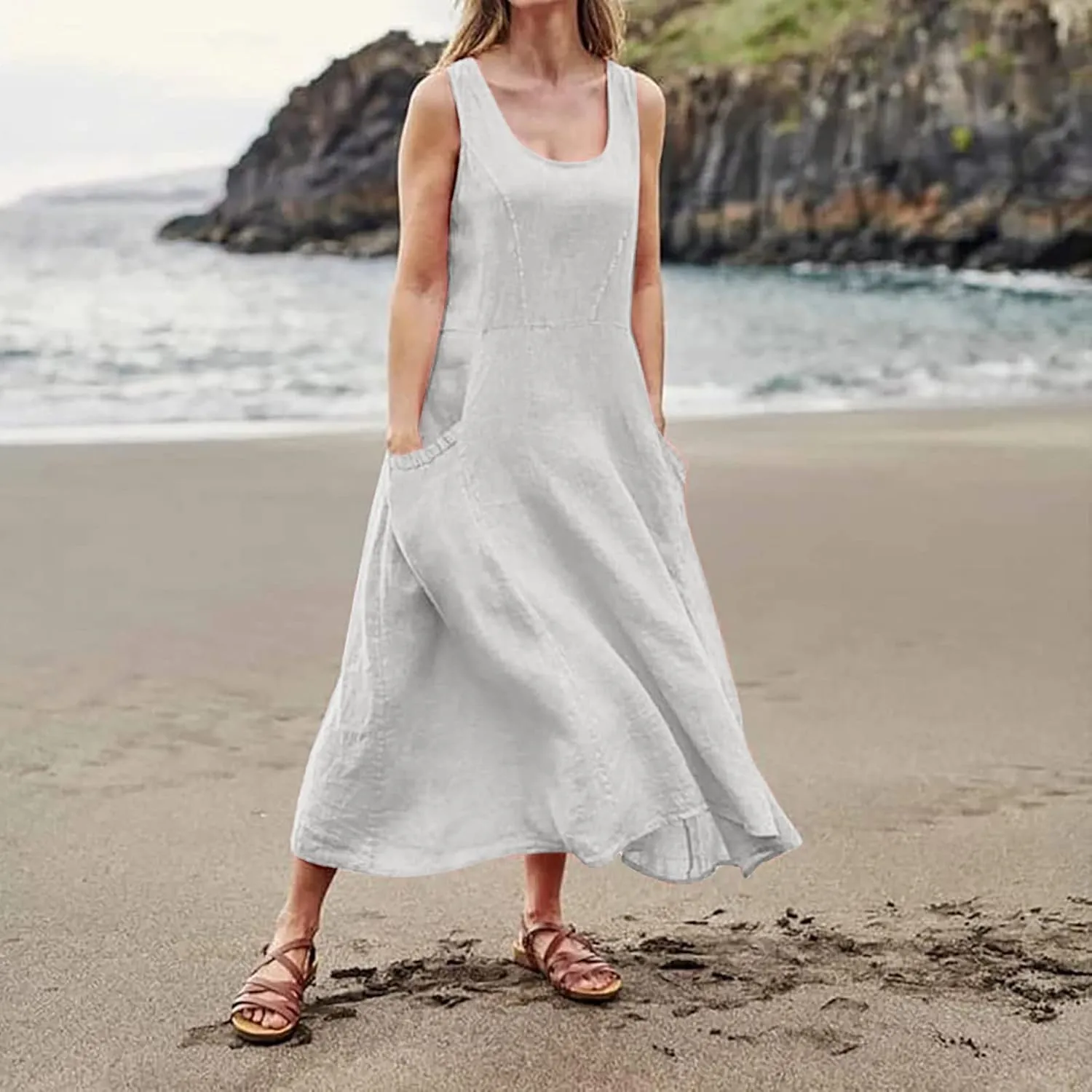 Maxi Floral Dress for Women Plus Size Vacation Scoop Neck Beach Dress with Pockets Long Comfy Flowy Sleeveless Sundress