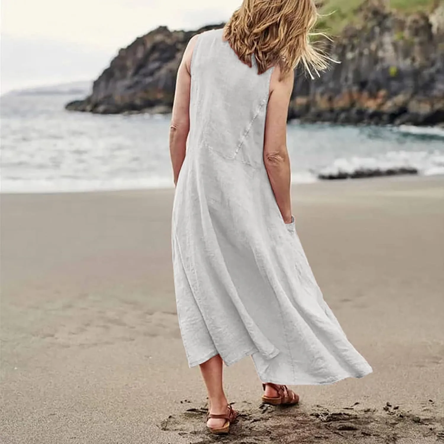 Maxi Floral Dress for Women Plus Size Vacation Scoop Neck Beach Dress with Pockets Long Comfy Flowy Sleeveless Sundress