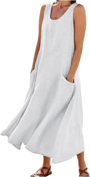 Maxi Floral Dress for Women Plus Size Vacation Scoop Neck Beach Dress with Pockets Long Comfy Flowy Sleeveless Sundress