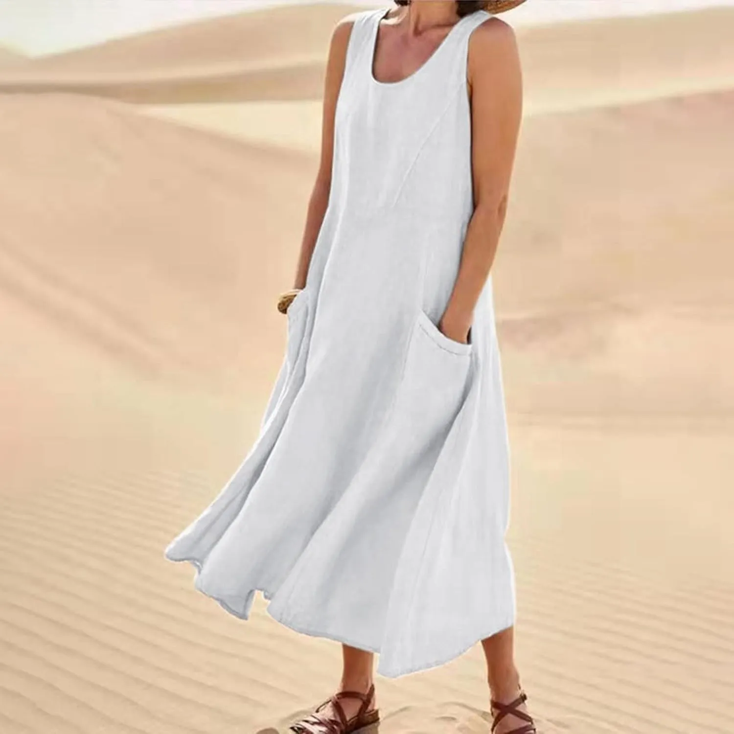 Maxi Floral Dress for Women Plus Size Vacation Scoop Neck Beach Dress with Pockets Long Comfy Flowy Sleeveless Sundress