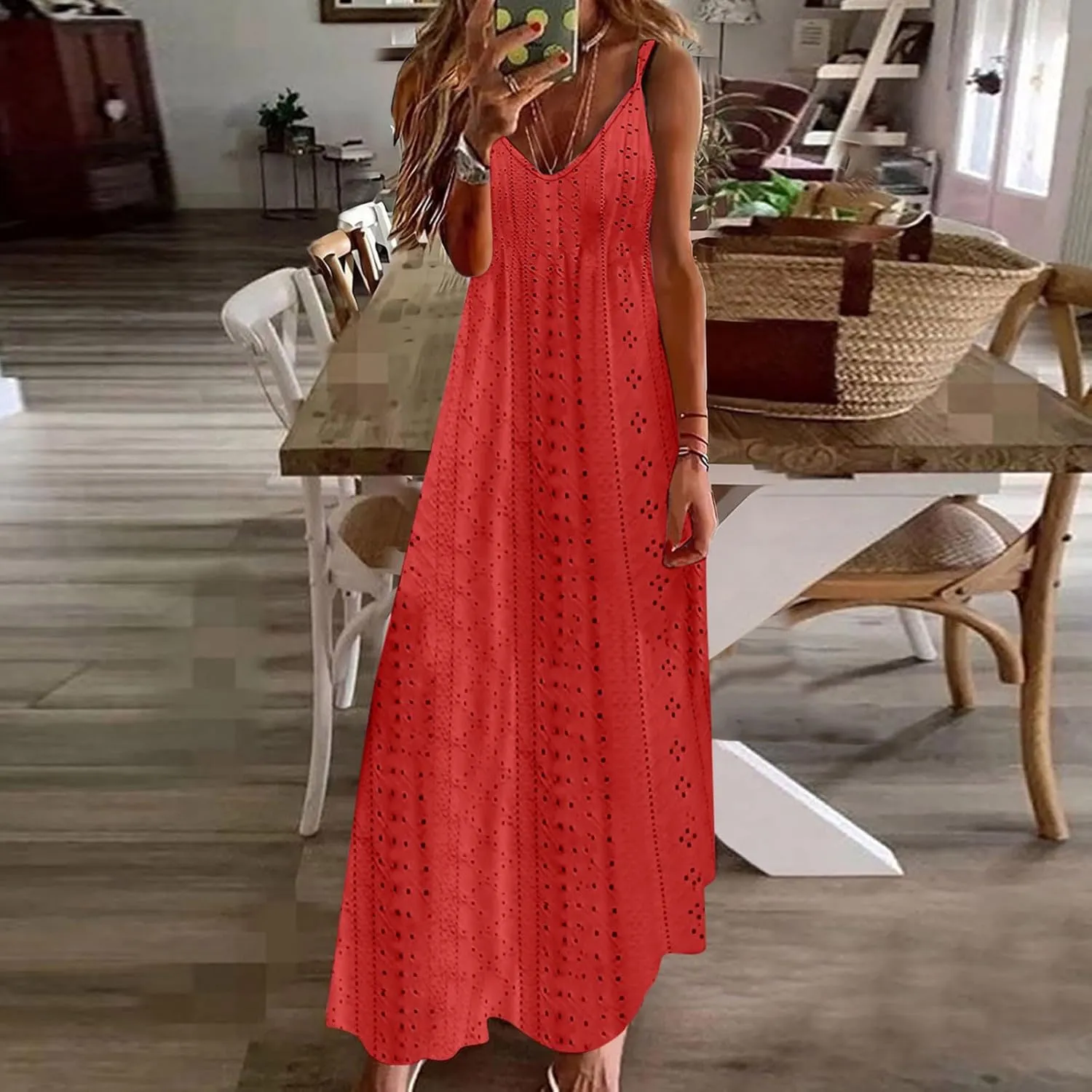 Maxi Long Dresses for Women 2025 Trendy Sleeveless Eyelet Cami Dress Casual Summer Beach Swing Vacation Sundress