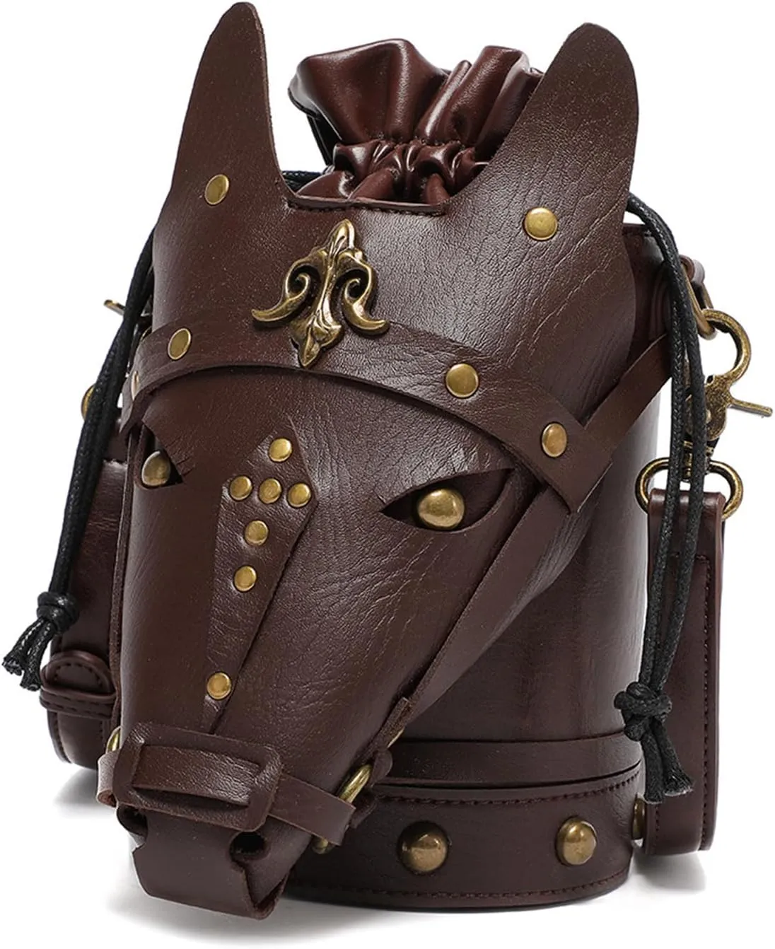 Medieval PU Leather Crossbody Bag Versatiles Vintage Horse Head Bucket Bag Drawstring For LARP And