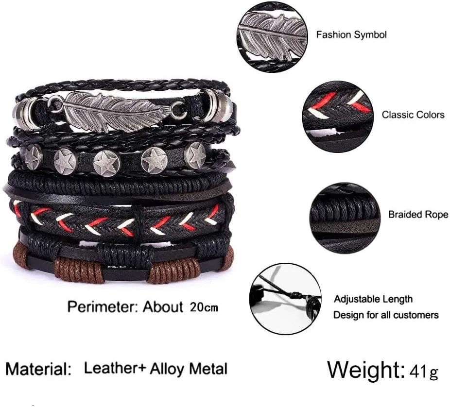 Men Bracelets Vintage Multilayer Leather Braid Bracelets Bangles Star Leaf Handmade Rope Wrap Bracelets Male Gift Jewlery