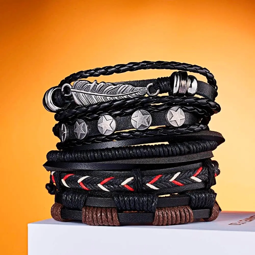 Men Bracelets Vintage Multilayer Leather Braid Bracelets Bangles Star Leaf Handmade Rope Wrap Bracelets Male Gift Jewlery