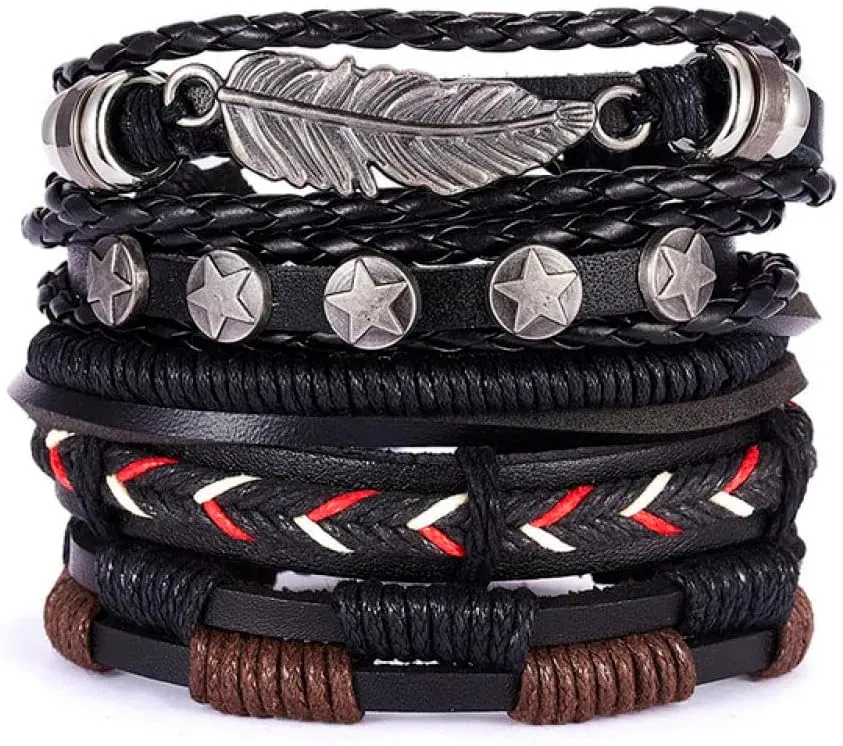 Men Bracelets Vintage Multilayer Leather Braid Bracelets Bangles Star Leaf Handmade Rope Wrap Bracelets Male Gift Jewlery