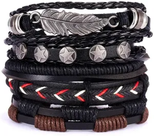 Men Bracelets Vintage Multilayer Leather Braid Bracelets Bangles Star Leaf Handmade Rope Wrap Bracelets Male Gift Jewlery