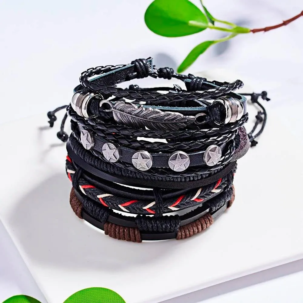 Men Bracelets Vintage Multilayer Leather Braid Bracelets Bangles Star Leaf Handmade Rope Wrap Bracelets Male Gift Jewlery