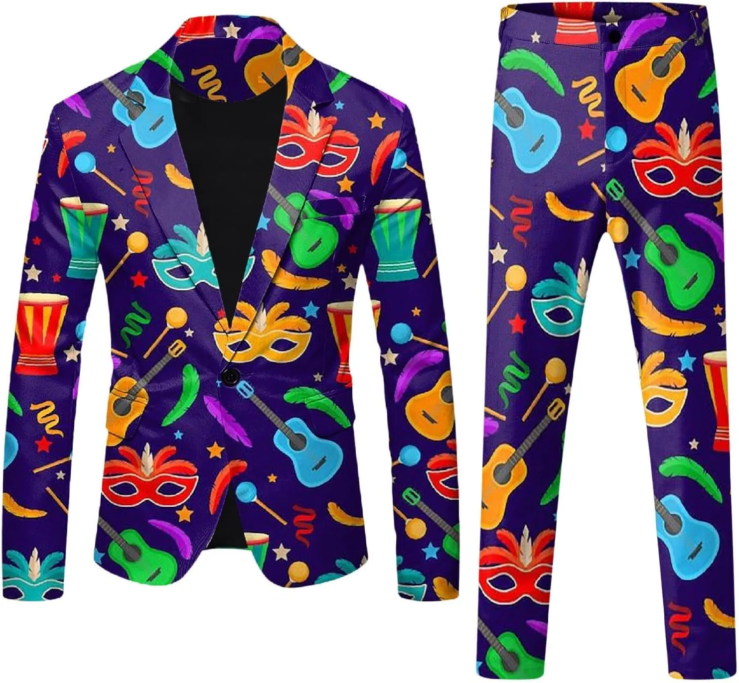Mens 2 Piece Mardi Gras Casual Sweatsuits One Buttton Notched Lapel Party Floral Suit Jacket Dress Pants Suits Set