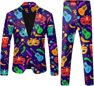 Mens 2 Piece Mardi Gras Casual Sweatsuits One Buttton Notched Lapel Party Floral Suit Jacket Dress Pants Suits Set