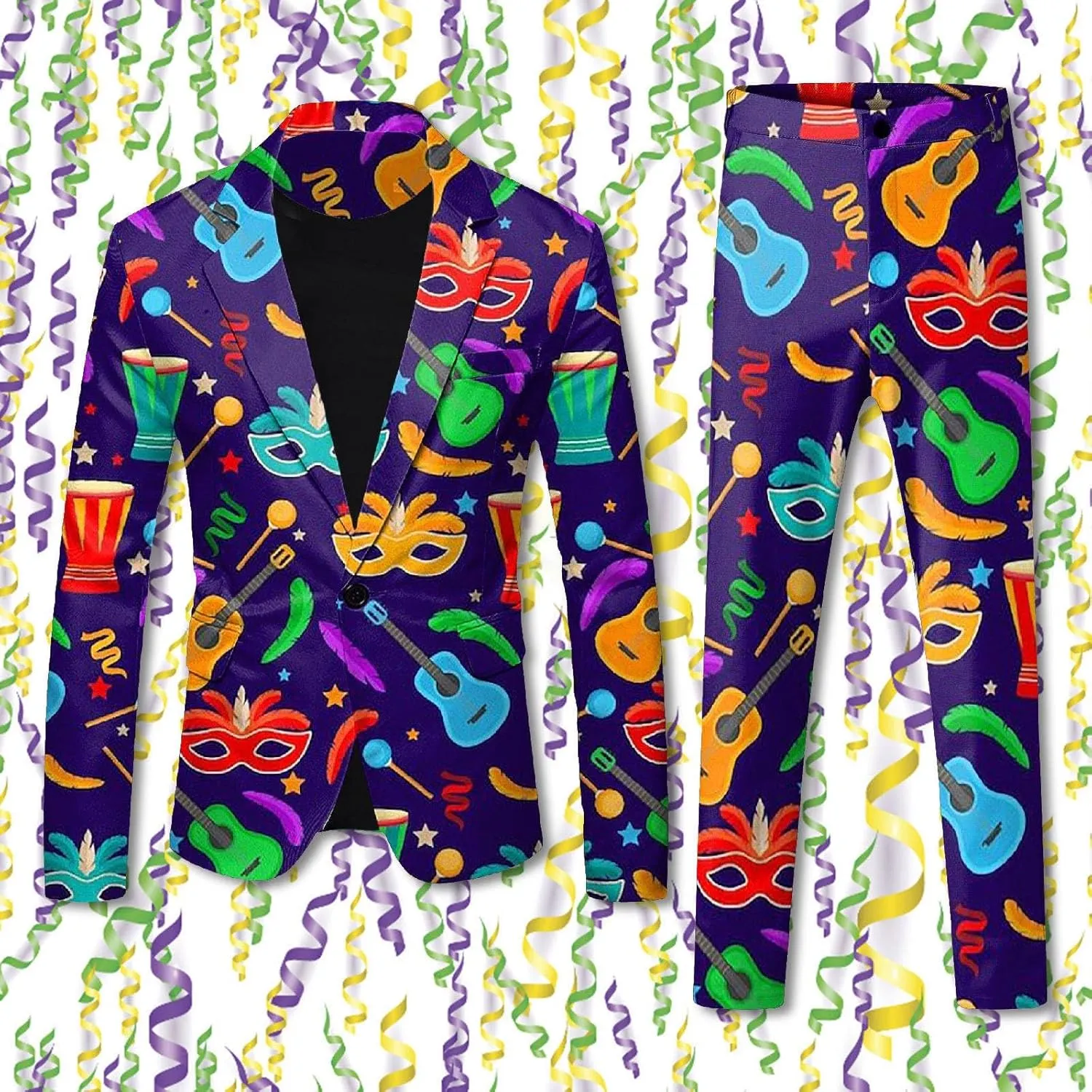 Mens 2 Piece Mardi Gras Casual Sweatsuits One Buttton Notched Lapel Party Floral Suit Jacket Dress Pants Suits Set