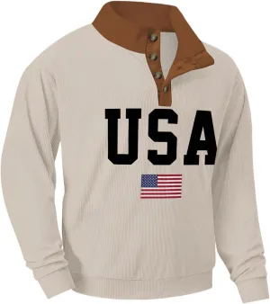Mens Corduroy Sweatshirts USA Letter Print Stand Collar Button Casual Sweatshirts Long Sleeve American Patriotic Tops