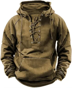 Mens Tactical Sweatshirts Lace Up Aztec Hooded Pullover Long Sleeve Cargo Workout Outdoor Hoodies with Pocket S-3XL