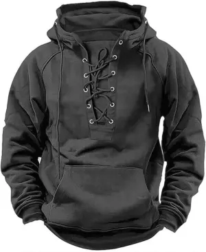 Mens Tactical Sweatshirts Lace Up Aztec Hooded Pullover Long Sleeve Cargo Workout Outdoor Hoodies with Pocket S-3XL