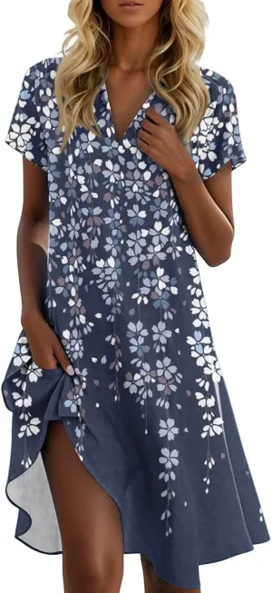 Midi Dress for Women Summer Bohemian Vintage Floral Short Sleeve Lapel V Neck Trendy Beach Collared Tshirt Sundress