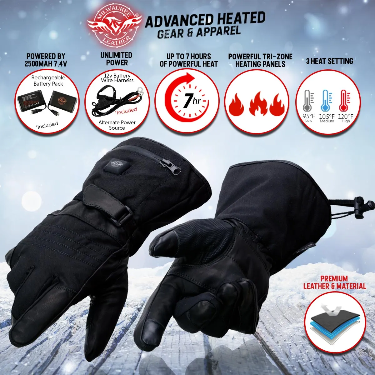 Milwaukee Leather MG17501SET Mens Heated Black Leather/Textile Winter Gloves w/Battery/Harness Wire and i-Touch