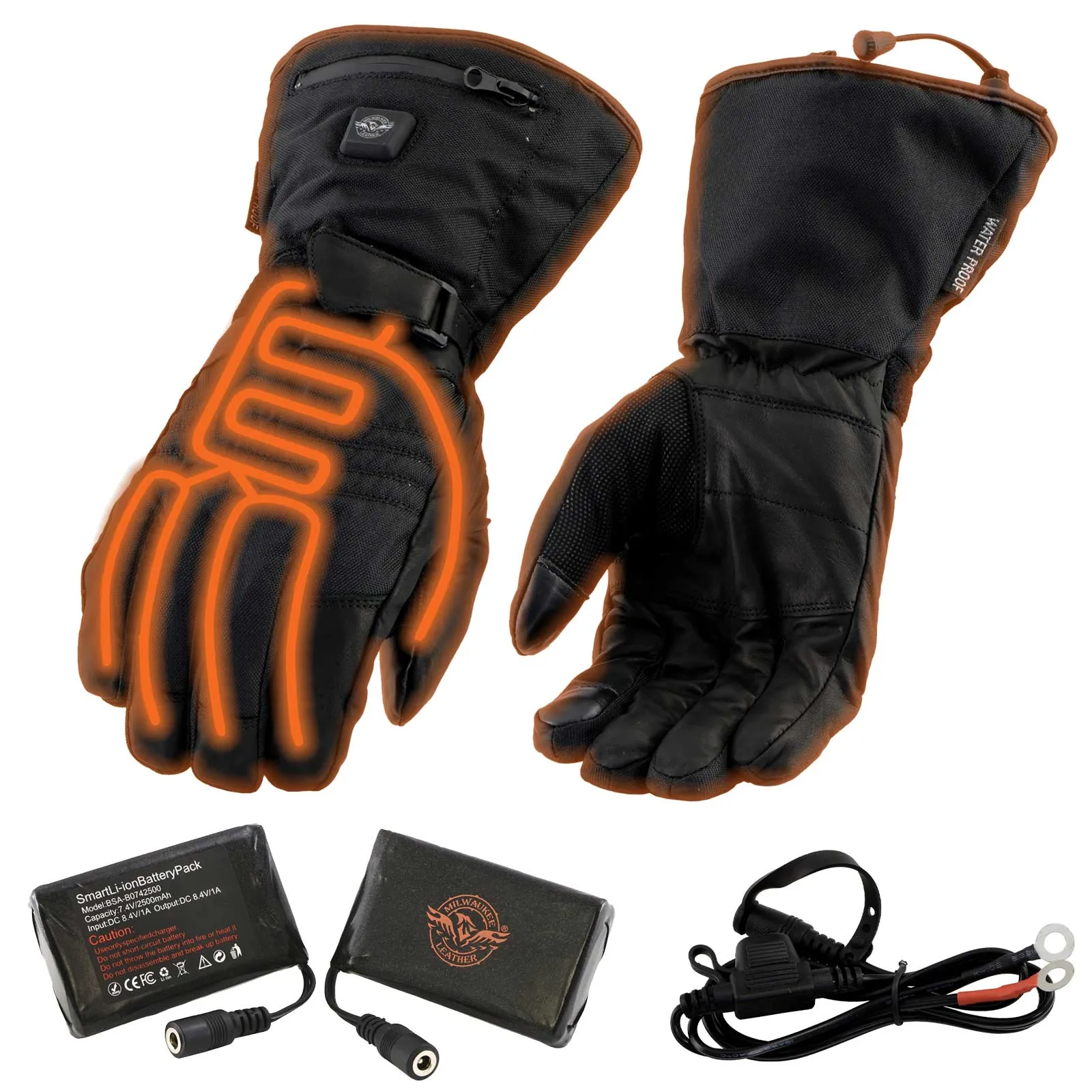 Milwaukee Leather MG17501SET Mens Heated Black Leather/Textile Winter Gloves w/Battery/Harness Wire and i-Touch