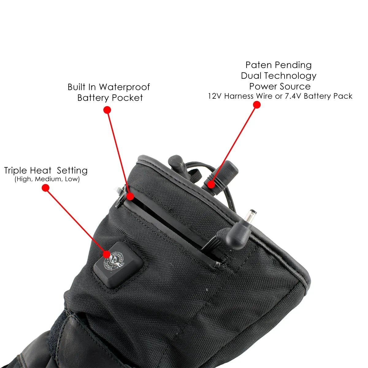 Milwaukee Leather MG17501SET Mens Heated Black Leather/Textile Winter Gloves w/Battery/Harness Wire and i-Touch