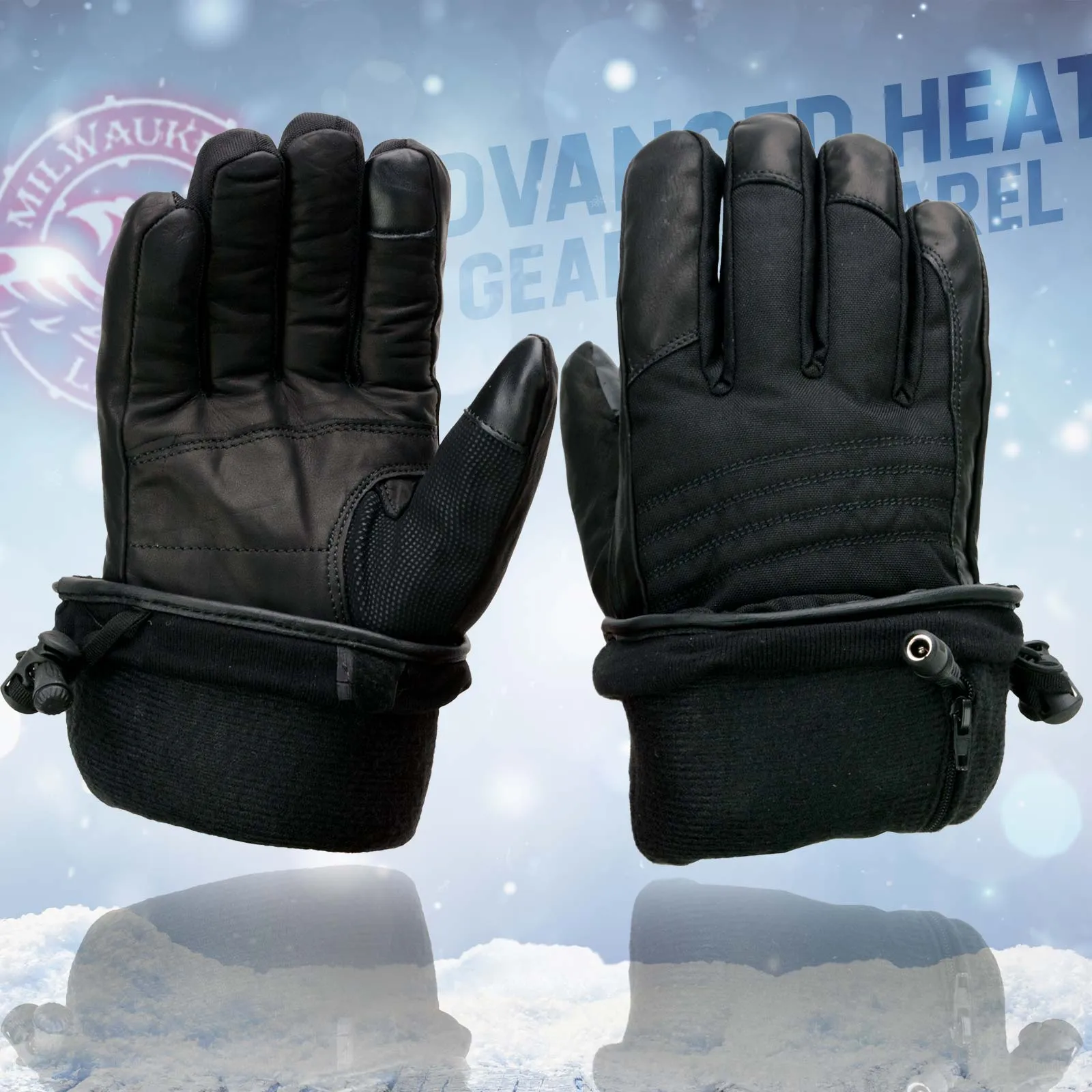 Milwaukee Leather MG17501SET Mens Heated Black Leather/Textile Winter Gloves w/Battery/Harness Wire and i-Touch