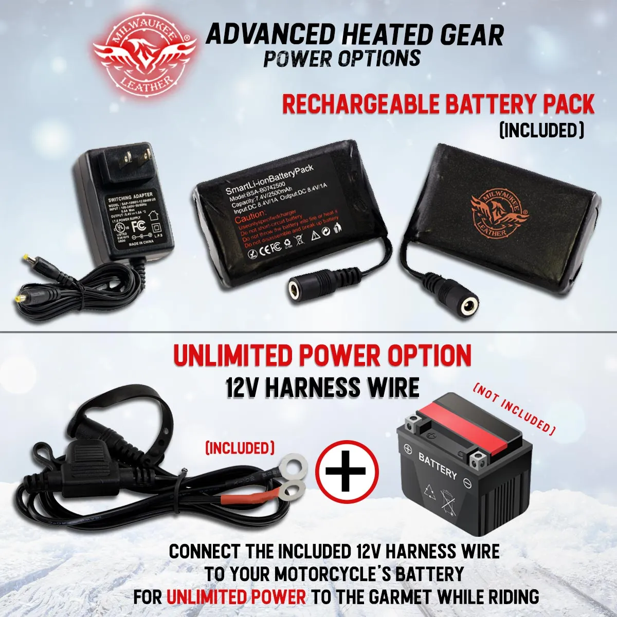 Milwaukee Leather MG17501SET Mens Heated Black Leather/Textile Winter Gloves w/Battery/Harness Wire and i-Touch