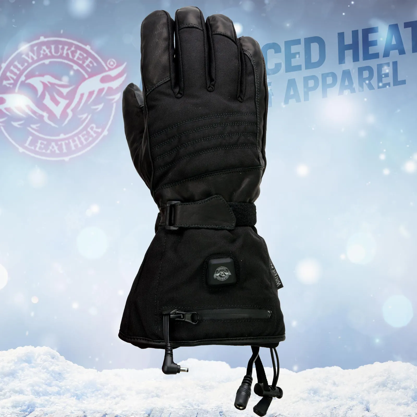 Milwaukee Leather MG17501SET Mens Heated Black Leather/Textile Winter Gloves w/Battery/Harness Wire and i-Touch