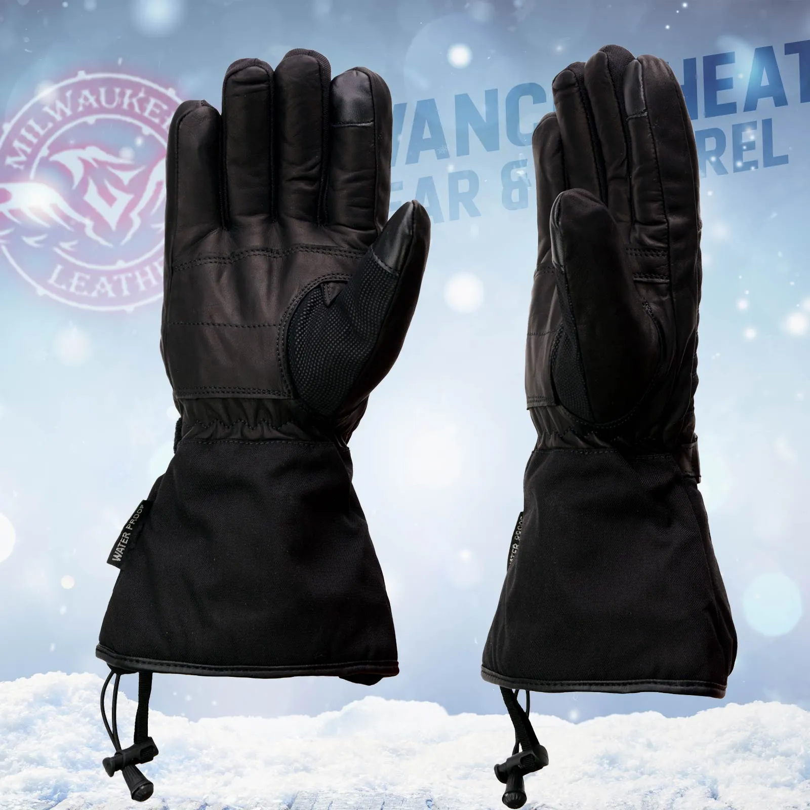 Milwaukee Leather MG17501SET Mens Heated Black Leather/Textile Winter Gloves w/Battery/Harness Wire and i-Touch